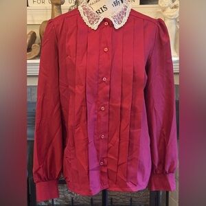 Bedford Fair Vintage Business Casual Blouse Dark Red Lace Collar Button Made USA